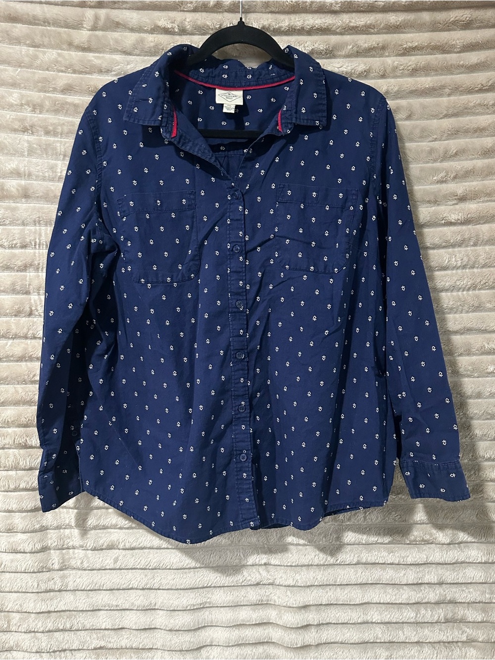St. John's Bay Navy Button-Down Shirt with White Micro Print